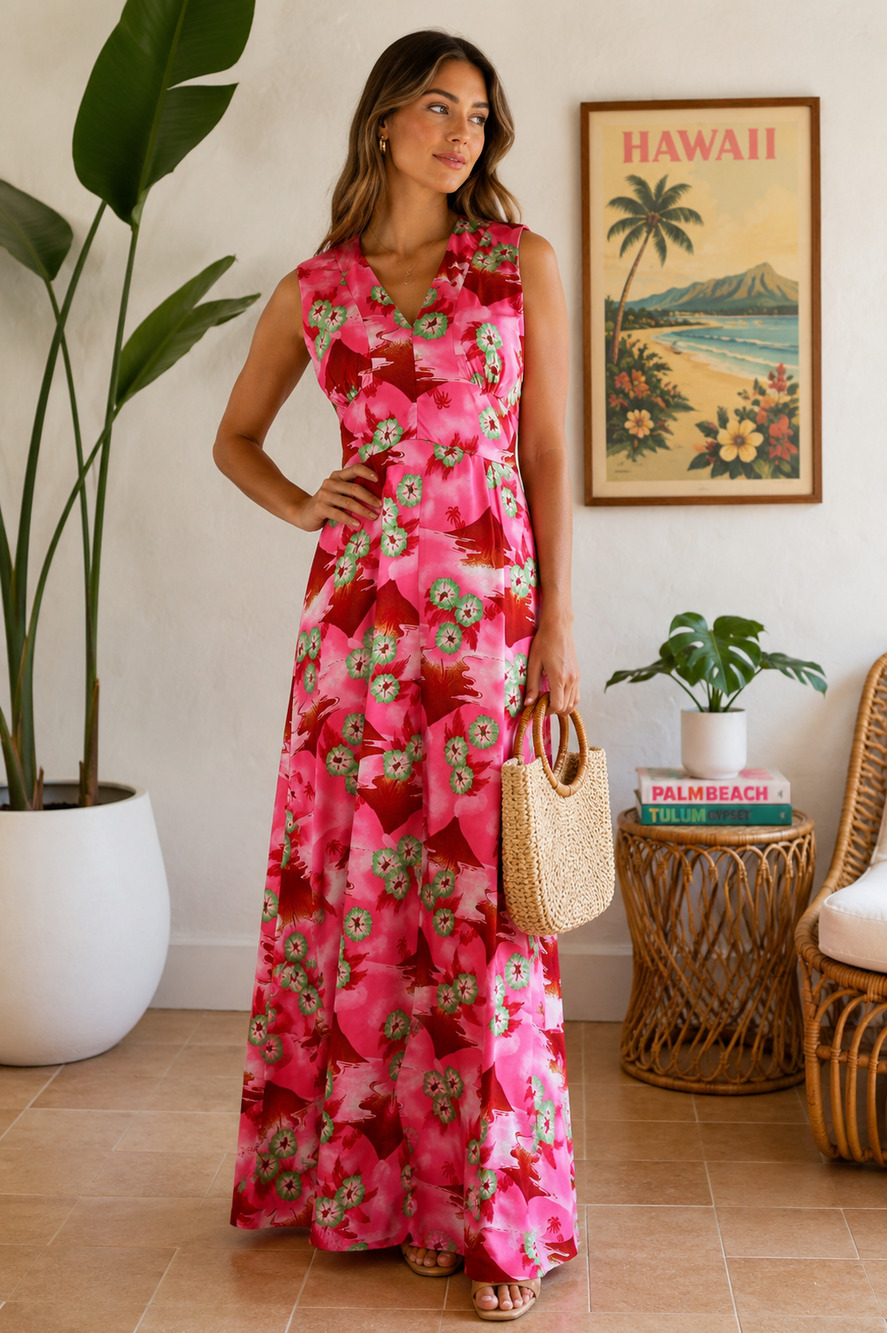 Vintage 60s Hawaiian Tiki Maxi Dress Pink UV Blacklight Novelty Print Size 8
